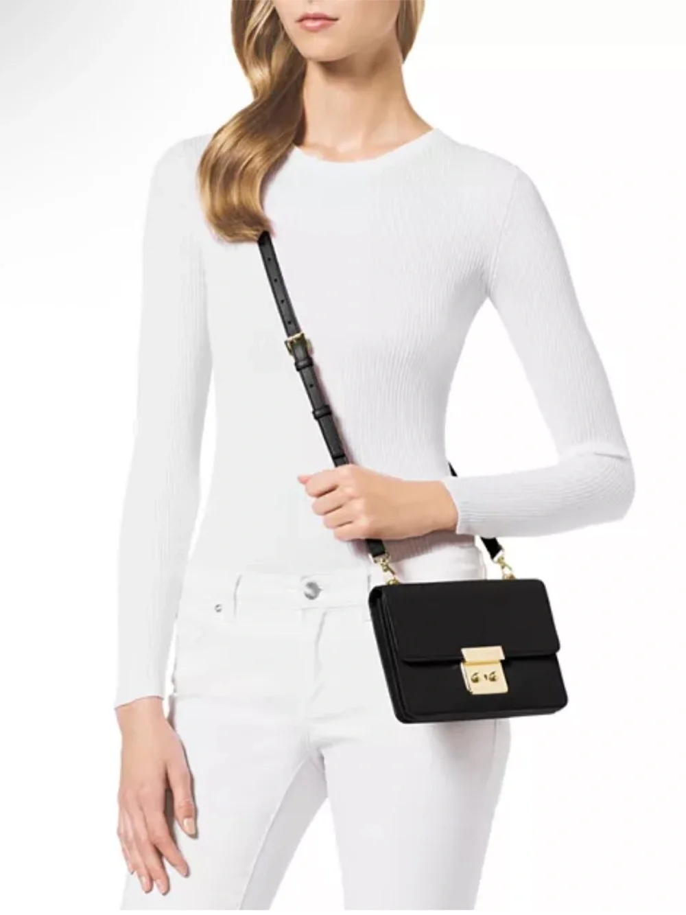 Michael Kors Black Leather Push Lock Flap Crossbody Bag Gold Hardware